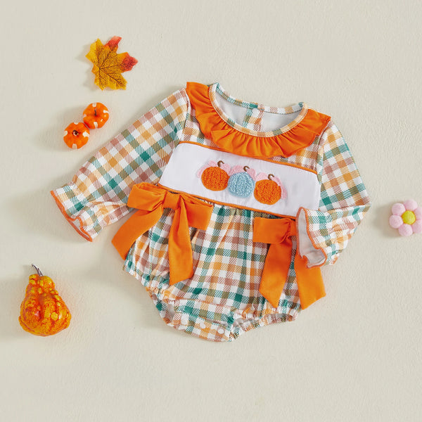 Pumpkin Trio Checked Romper for Baby Girls
