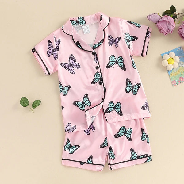 Pink Mariposa Satin Pjs for Toddler & Little Girls