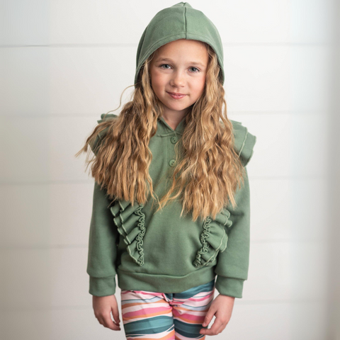 Sage Double Ruffle Button Hoodie & Stripe Leggings Set