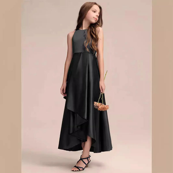 Agatha Sleeveless Black Satin Semi-formal Dress for Girls