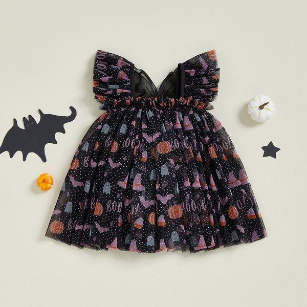 Halloween Butterfly Sparkly Black Tulle Dress with Sparkly Black Wings for Baby Girls
