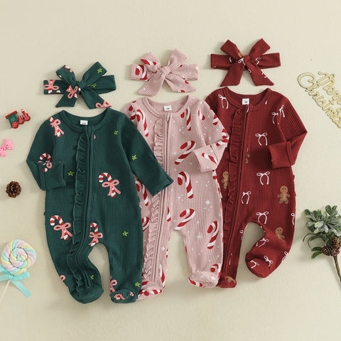 Christmas Print Adorable Holiday Lounge Footed Romper with Matching Bow