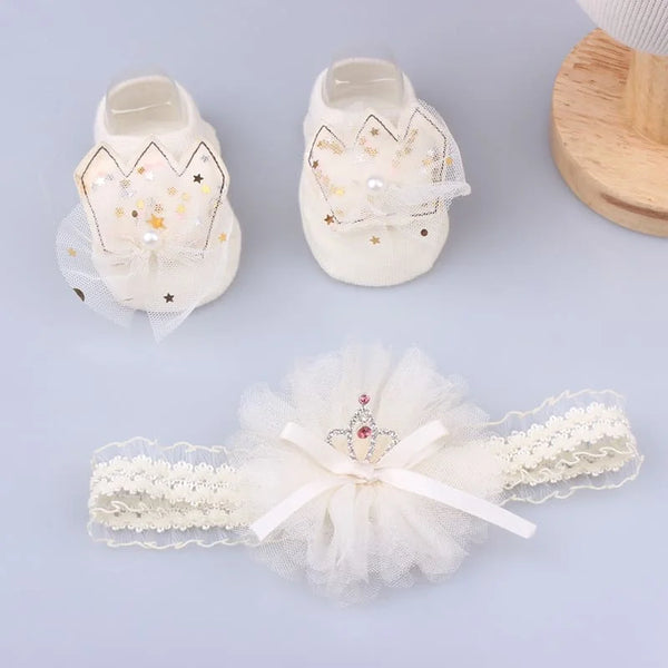 La Princessa Matching Socks and Lace Headband Set for Baby Girl
