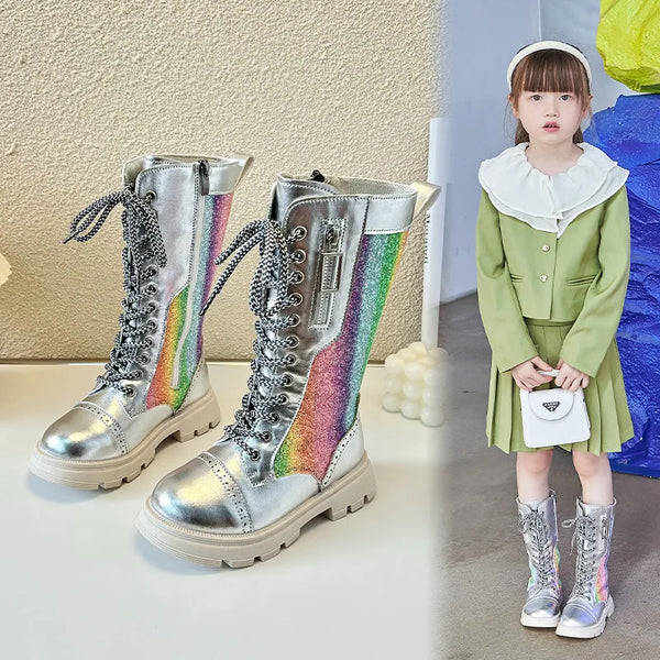 The Rainbow Lace-Up Iridescent Boots for Girls