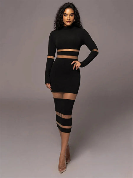 Vivica Slim Fit Long Sleeve Knit Mesh Panel Dress