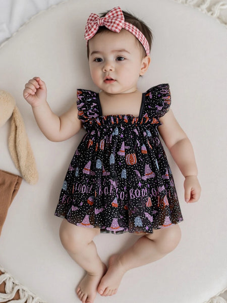 Halloween Butterfly Sparkly Black Tulle Dress with Sparkly Black Wings for Baby Girls