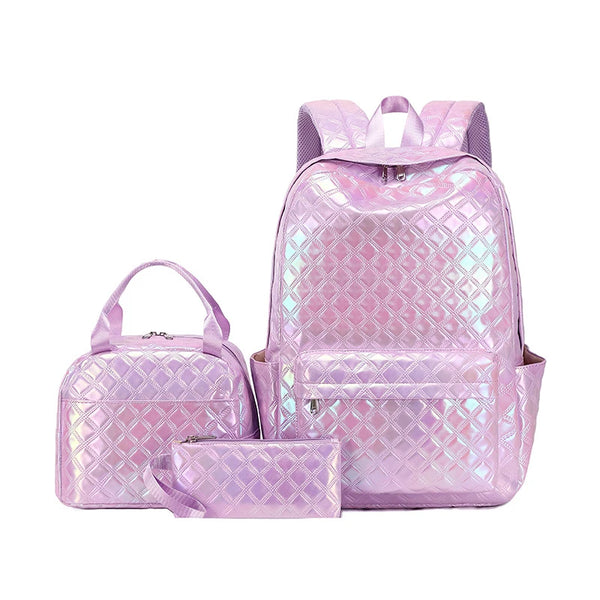 Iridescent Diamonds Geometric Pattern Backpack Set