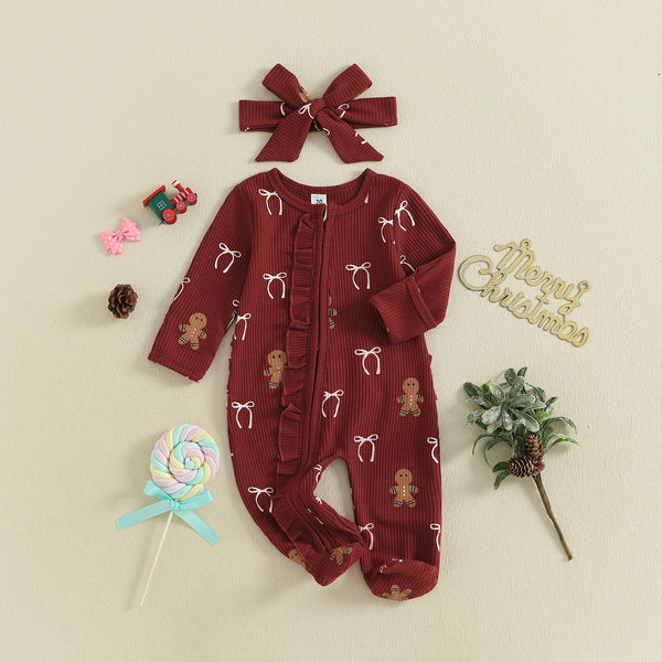 Christmas Print Adorable Holiday Lounge Footed Romper with Matching Bow
