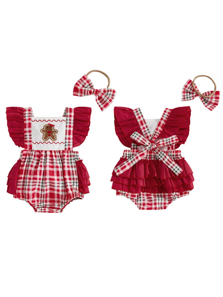 Gingerbread Cookie Plaid Holiday Romper for Baby Girls