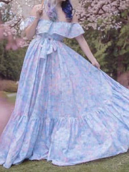 Blue Watercolor Off-The Shoulder Maxi Dress for Women