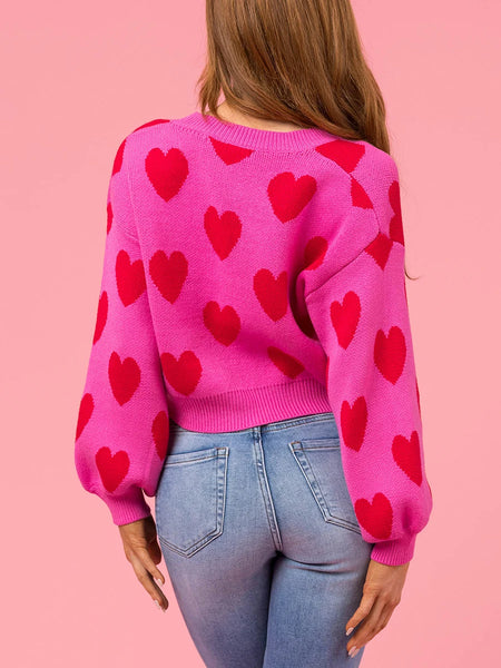 Women's Heart Print Cropped Sweater Cardi