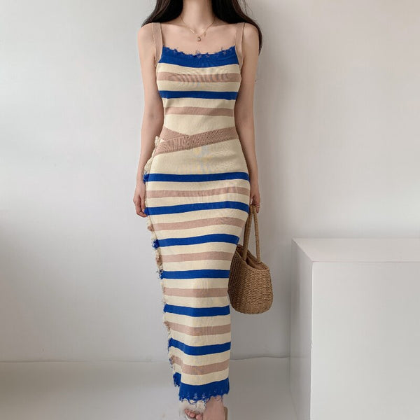 Mommy & Me: Women's Beige/Blue Bandage Stripe Midi Dress