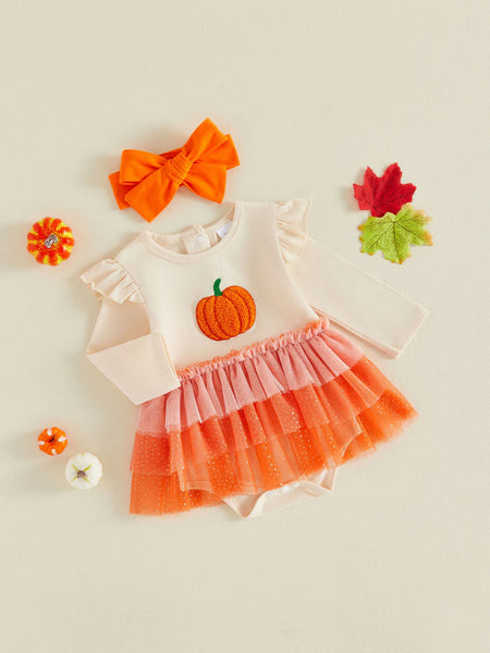 Pumpkin Princess Fall Romper Dress for Baby & Toddler Girls