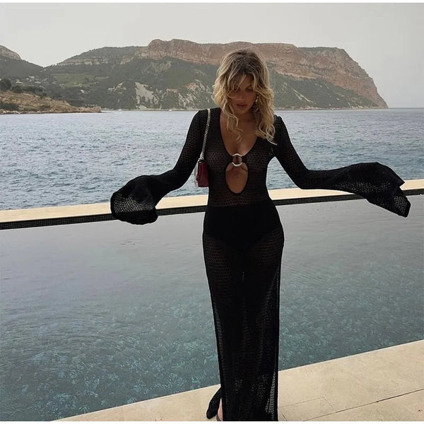 Salome Long Sleeve Crochet Swim Cover-Up Dress