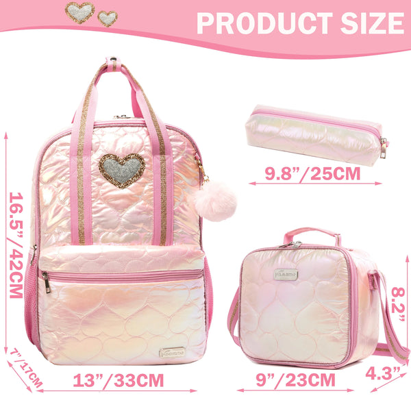 Girls Quilted Shiny Iridescent Heart Backpack Set