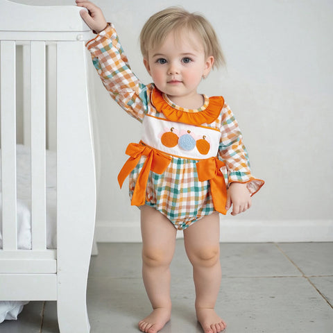 Pumpkin Trio Checked Romper for Baby Girls