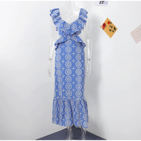 Women's Boho Blue Side Cut-Out Ruffle Dress
