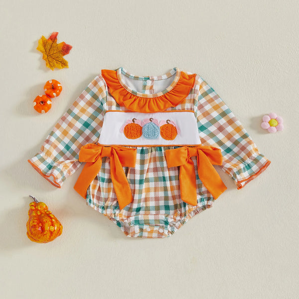 Pumpkin Trio Checked Romper for Baby Girls