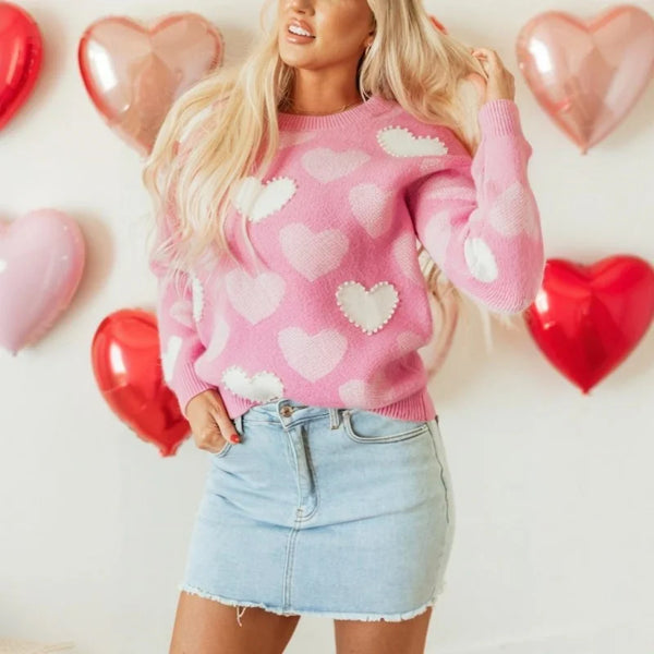 Momma & Me Matching Pink White Pearl Hearts Sweater for Girls & Women