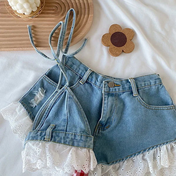 The Tally Denim Ruffle Halter Top & Shorts Outfit for Girls & Teens