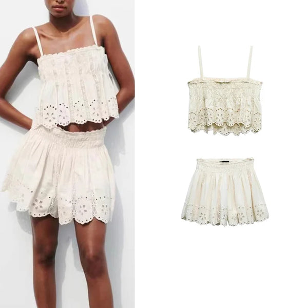 Elle Ivory Embroidered Eyelet Matching Top & Shorts for Women
