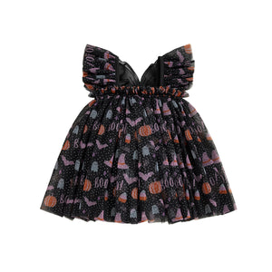 Halloween Butterfly Sparkly Black Tulle Dress with Sparkly Black Wings for Baby Girls