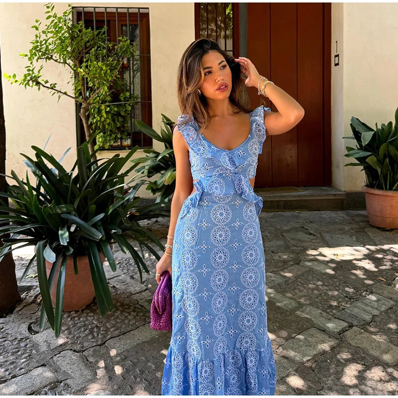 Women's Boho Blue Side Cut-Out Ruffle Dress