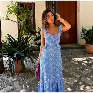 Women's Boho Blue Side Cut-Out Ruffle Dress