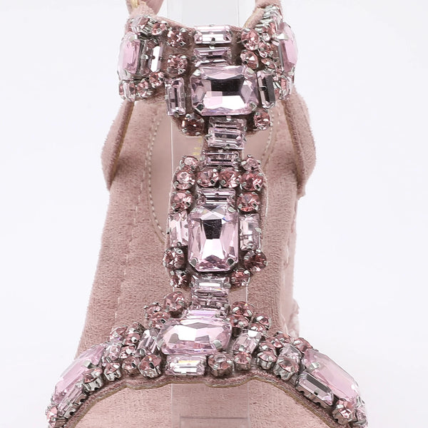 Greta Brushed Suede T-Strap Jeweled Sandal