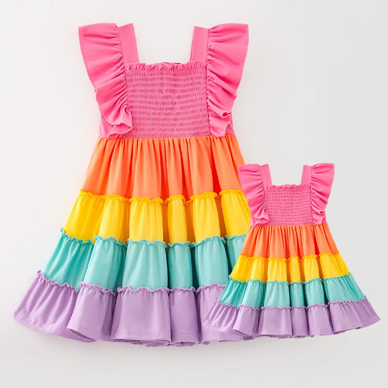 Momma & Me Matching: Bright Rainbow Flutter Sleeve Twirl Dress