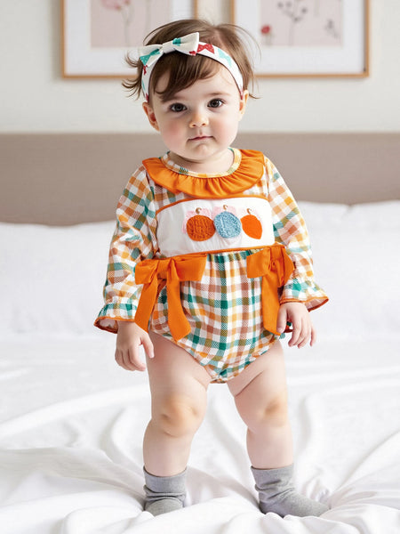 Pumpkin Trio Checked Romper for Baby Girls