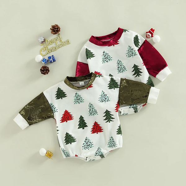 Velvet Christmas Tree Romper for Baby Girls