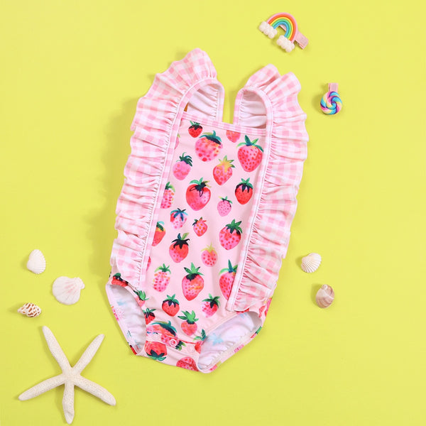 The Frilly Strawberry Gingham One-Piece for Babies & Little Girls
