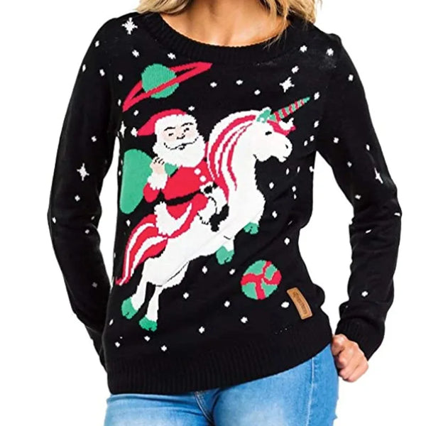 Santa Riding a Unicorn in Outer Space Holiday Sweater for Women & Teens