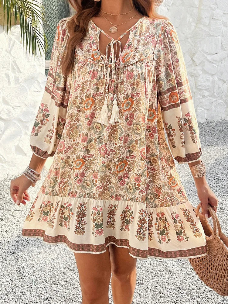 boho shift dress with sleeves Chic YC Women's Lace Trim Off-Shoulder Long Sleeve Mini Dress Casual Summer Boho Shift Dress with Pockets Apricot / L