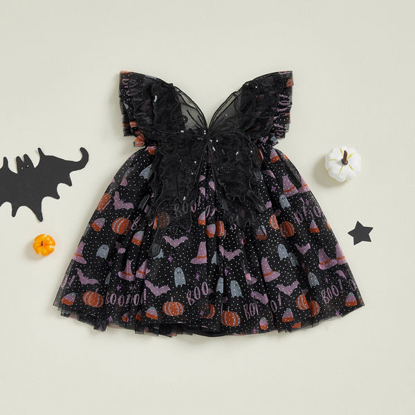 Halloween Butterfly Sparkly Black Tulle Dress with Sparkly Black Wings for Baby Girls