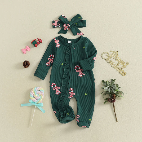 Christmas Print Adorable Holiday Lounge Footed Romper with Matching Bow