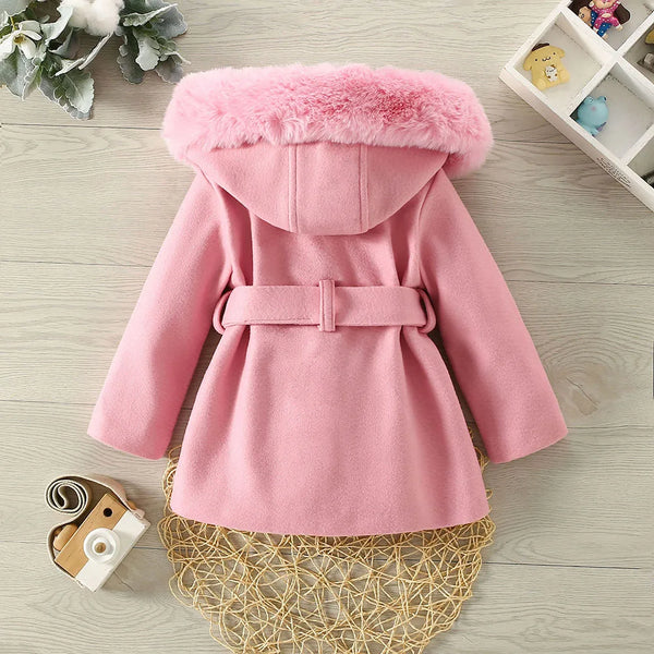 Oui Bella Belted Wool Jacket with Removeable Faux-Fur Hood for Little Girls