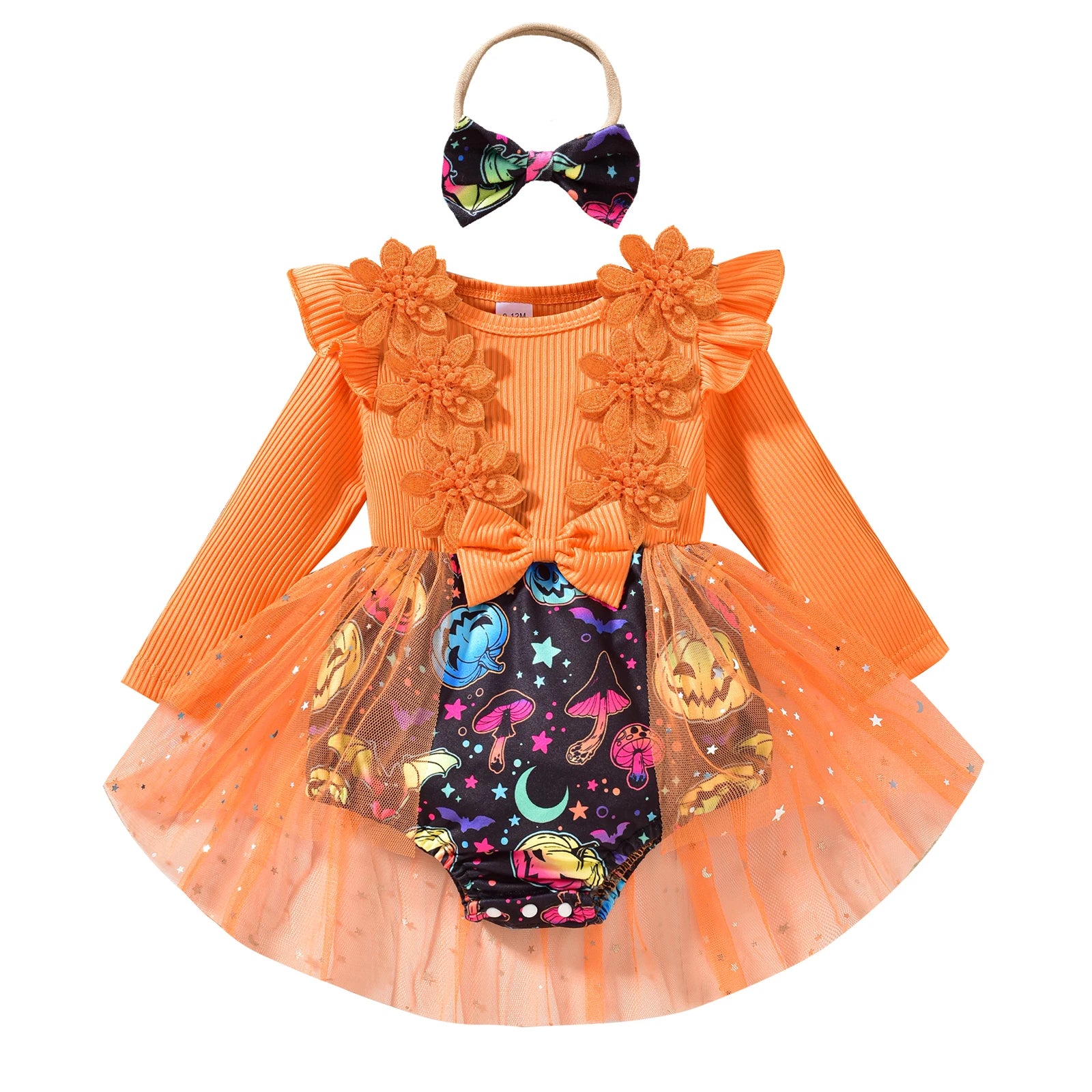 Psychedelic Pumpkin Halloween Party High-Lo Romper Dress Outfit for Baby Girl