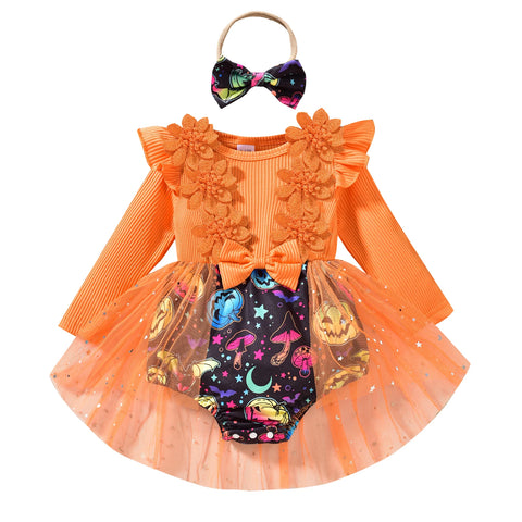 Psychedelic Pumpkin Halloween Party High-Lo Romper Dress Outfit for Baby Girl