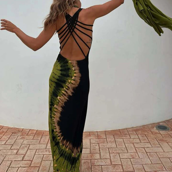 Amira Strappy Backless Soft Black Tie Dye Maxi for Women & Teens