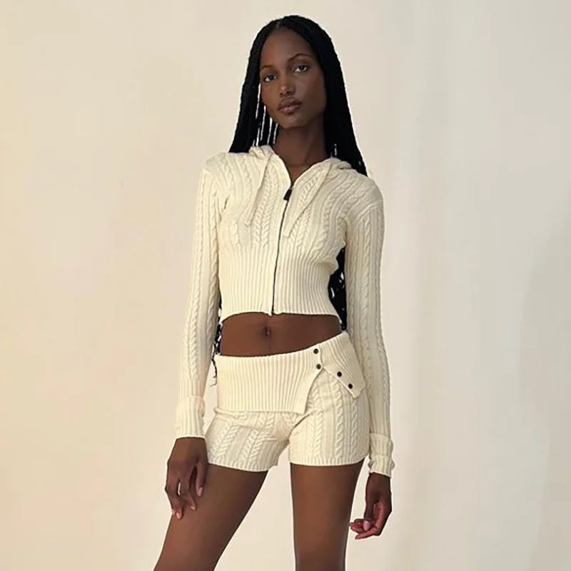 Chase Cable Knit Sweater Crop Hoody & Matching Shorts Lounge Set