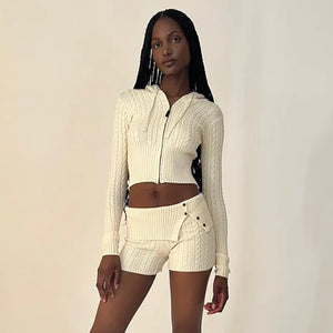 Chase Cable Knit Sweater Crop Hoody & Matching Shorts Lounge Set