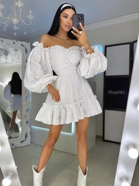 Blanca Off The Shoulder White Eyelet Sweetheart Mini Dress for Women & Teens