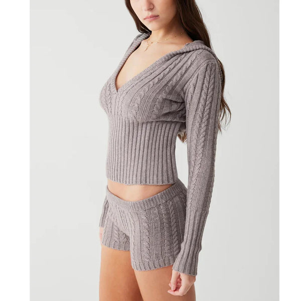 The Bennet Cable Knit Sweater V-Neck Top and Shorts Lounge Set for Women