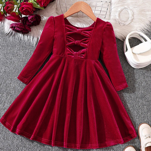 Bow Back Velvet Twirl Dress for Little Girls