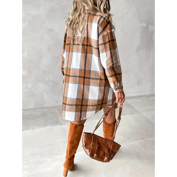 Sara Plus-Size Women's Longline Button Down Shacket in Toffee