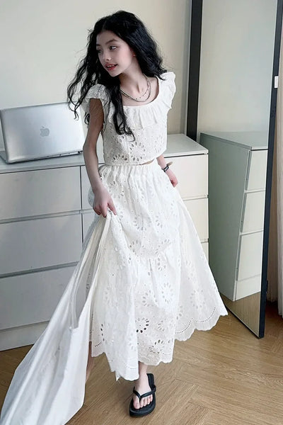 Coquette White Eyelet Matching Bardot-Style Top & Long Skirt Set for Girls