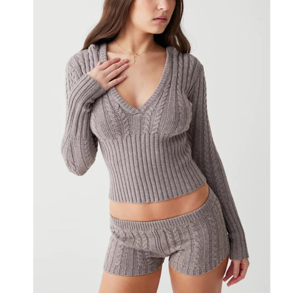 The Bennet Cable Knit Sweater V-Neck Top and Shorts Lounge Set for Women