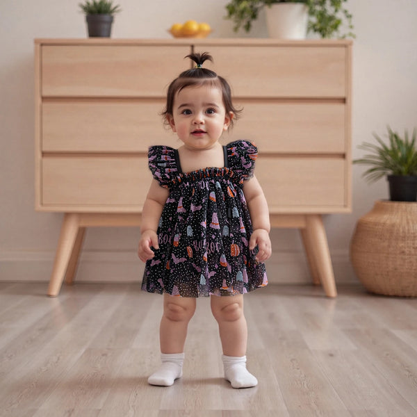 Halloween Butterfly Sparkly Black Tulle Dress with Sparkly Black Wings for Baby Girls